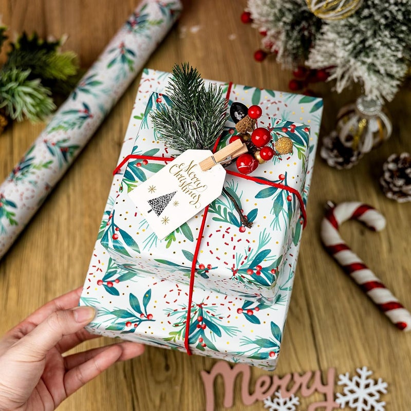 Retrify White Wrapping Paper Roll - Cute Red Berry and Green Leaves Mini Roll Foil Gift Wrap Paper for Christmas Holiday Festive Decoration - 17 Inches x 32.8 Feet - Image 2